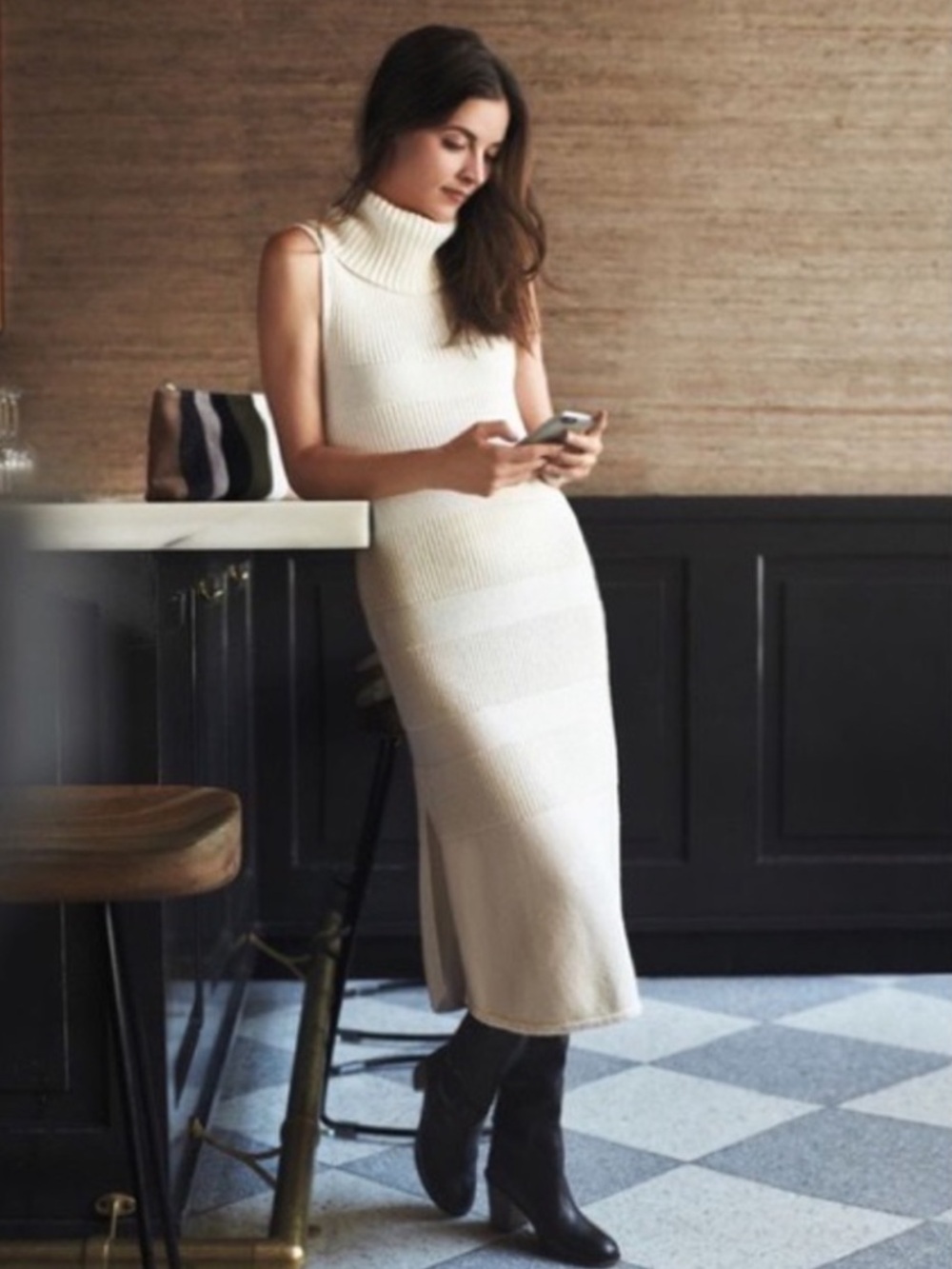 Anthropologie Moth Sleeveless Cream Knit Midi Turtleneck Dress